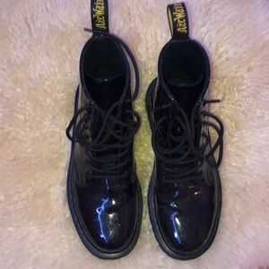 doc martens glittery black, yellow stitch luana